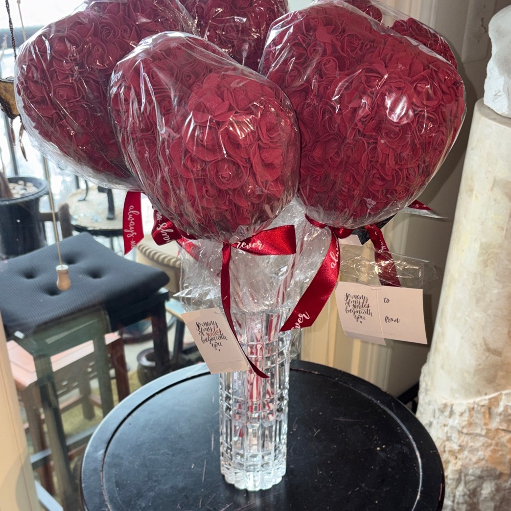 Luxurious Red Faux Rose Bouquet in Elegant Vase for display. (Each Heart is $25)